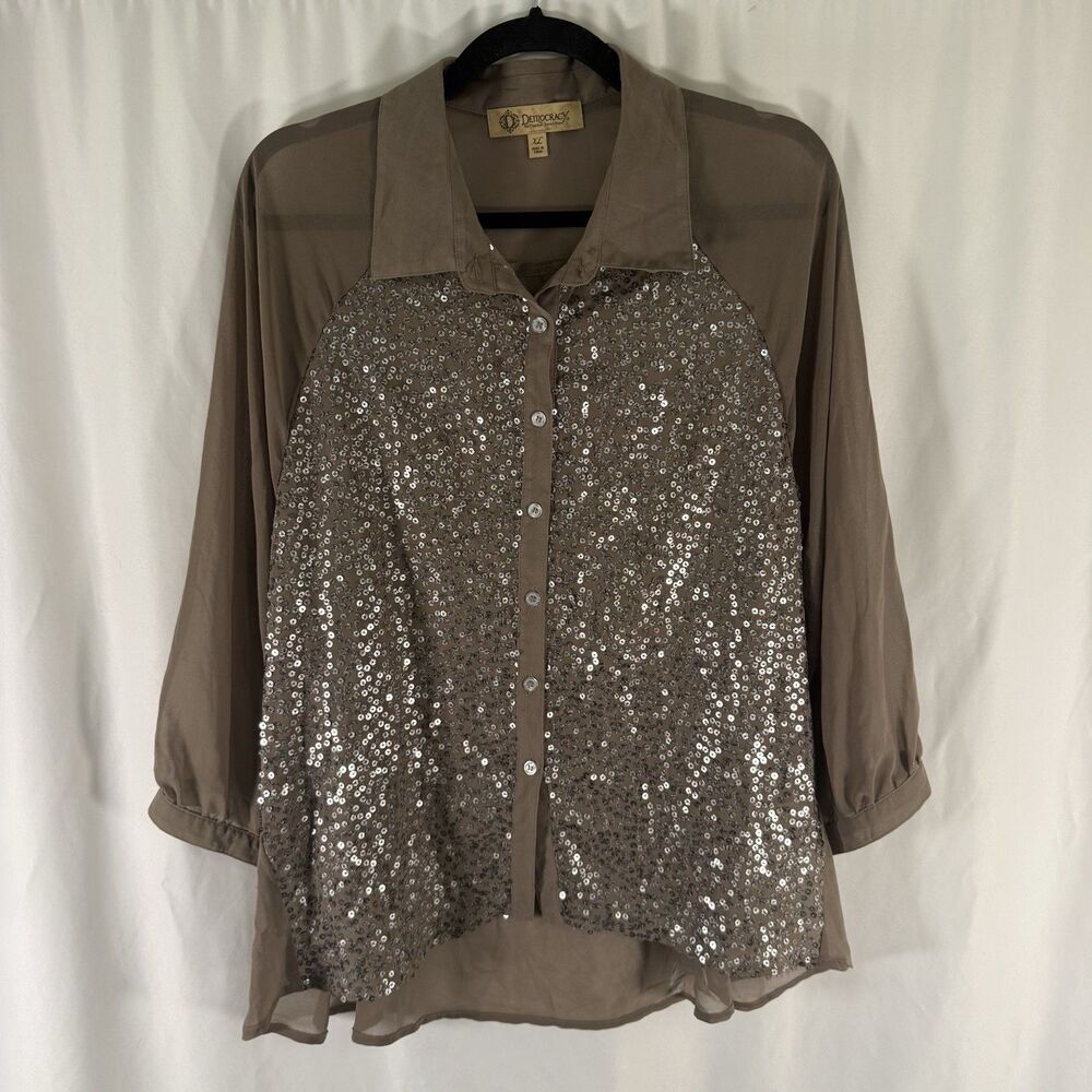 Democracy Blouse Women's XL Brown Semi Sheer Button Front Long Sleeve Sequin